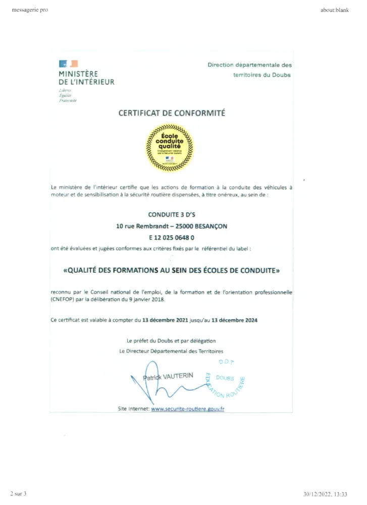 Certificat conformité Besançon
