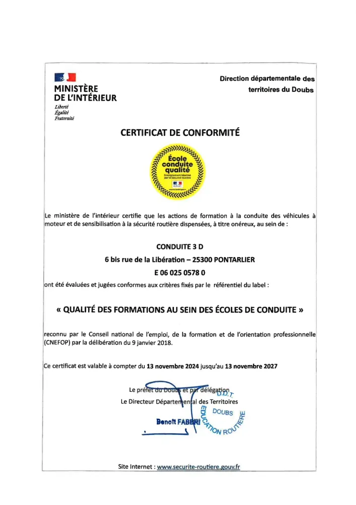 Certificat conformité Pontarlier
