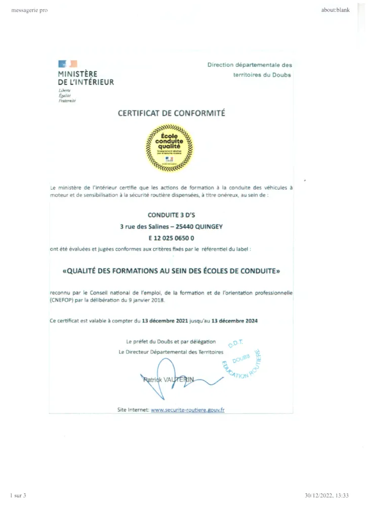 Certificat conformité Quingey