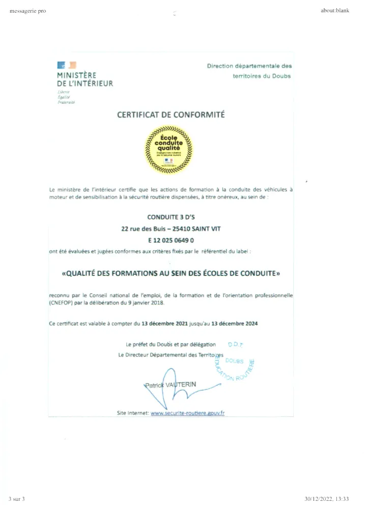 Certificat conformité Saint Vit